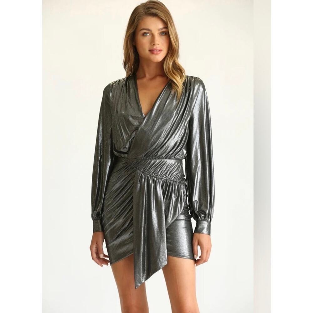 FATE Kaylee Metallic Wrap Mini Dress Ruched Long Sleeve NWT Size M